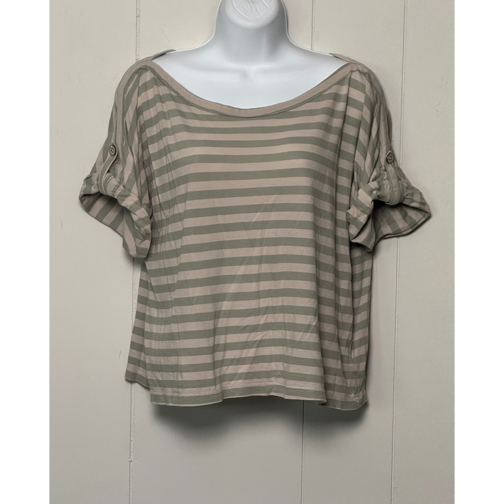 Fossil Women's Sage Green Tan Striped Tab Sleeve Scoop Neck Top Size M